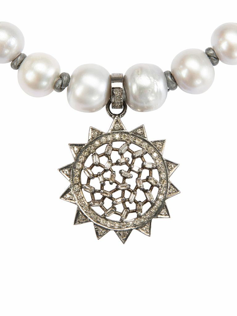 Luminous Diamond Sunburst Pearl Necklace