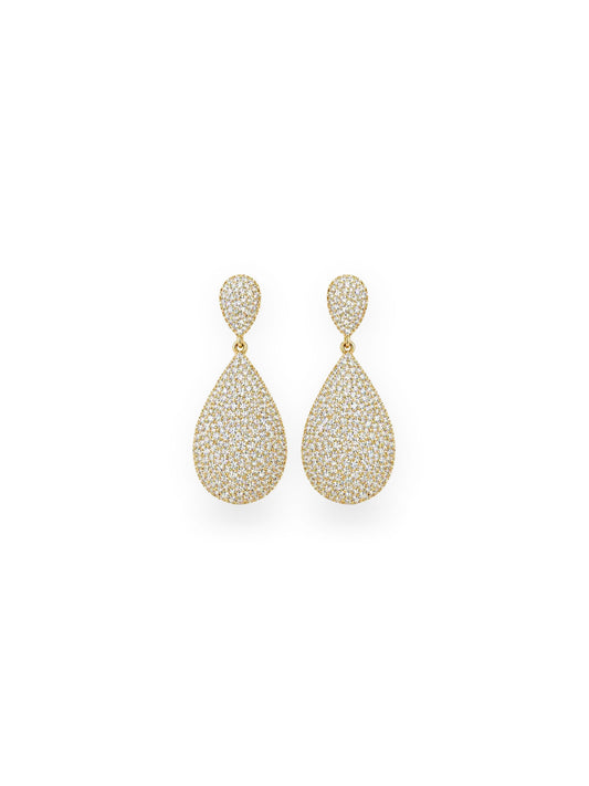 Reserve Gold Tear Drop Earrings - pear shaped drops pave set with lab grown diamonds in 14K gold, on white