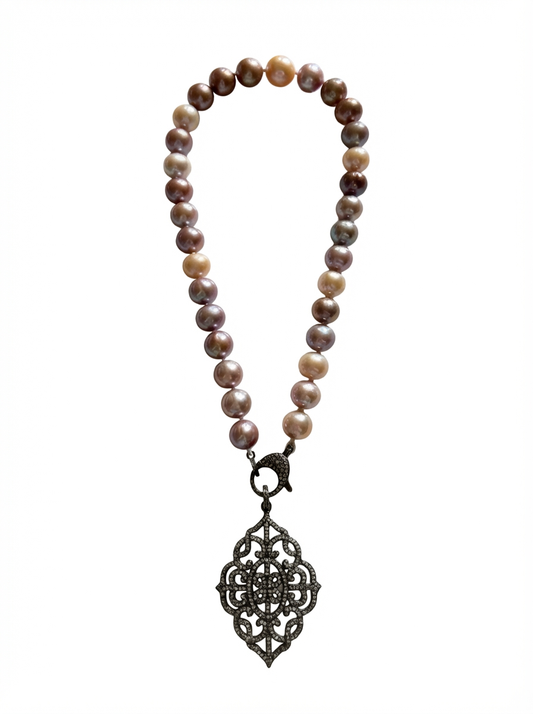 Luminous Blush Pearl and Diamond Necklace