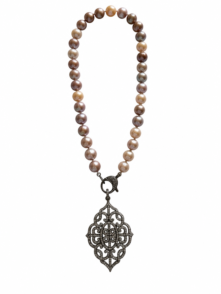 Luminous Blush Pearl and Diamond Necklace