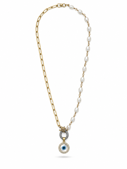 Second Nature Pearl & Paperclip Evil Eye Necklace