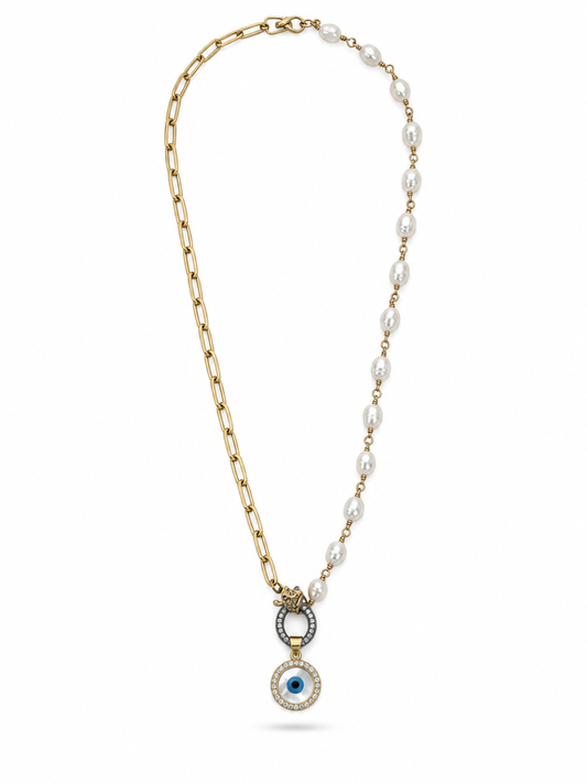Second Nature Pearl & Paperclip Evil Eye Necklace