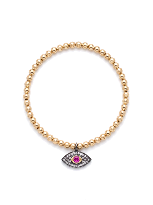 Second Nature Gold Bead Bracelet with Diamond & Ruby Evil Eye