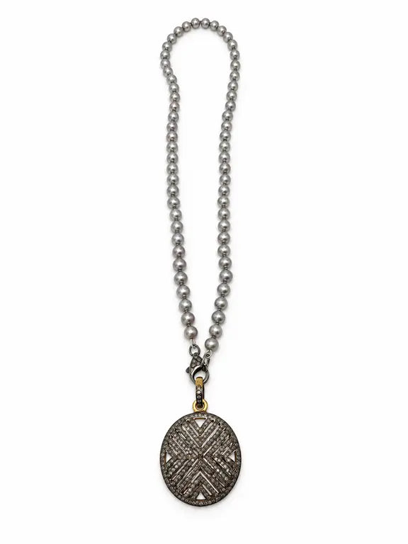 Luminous Petite Grey Pearl Necklace - tiny grey fresh water pearls on silk cord with a pave diamond lobster clasp, shown with the Luminous Diamond Crosshatch Pendant