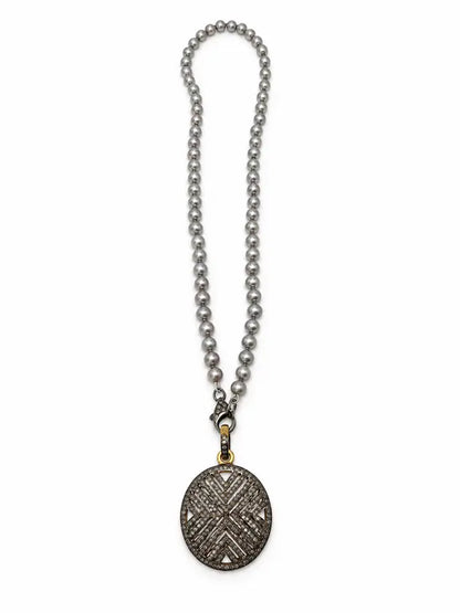 Luminous Petite Grey Pearl Necklace - tiny grey fresh water pearls on silk cord with a pave diamond lobster clasp, shown with the Luminous Diamond Crosshatch Pendant