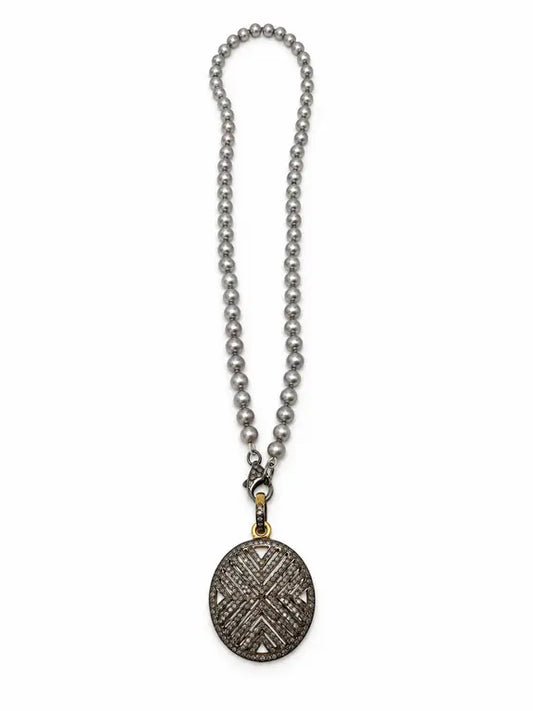 Luminous Petite Grey Pearl Necklace - tiny grey fresh water pearls on silk cord with a pave diamond lobster clasp, shown with the Luminous Diamond Crosshatch Pendant