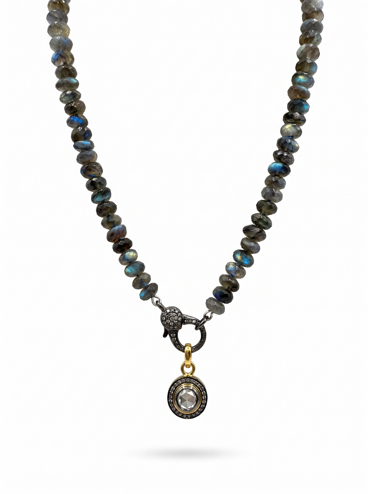 Modern Round Labradorite Necklace with faceted labradorite beads, a pave diamond clasp and a rose cut diamond pendant