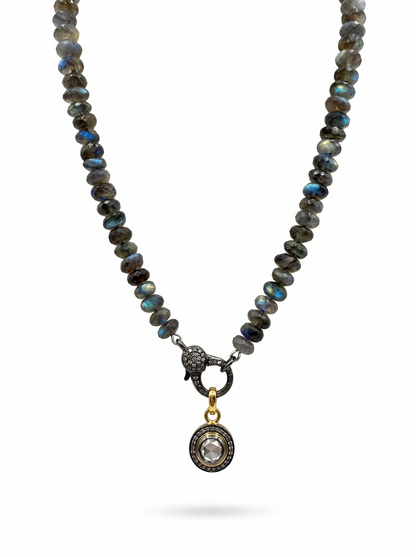 Modern Round Labradorite Necklace with faceted labradorite beads, a pave diamond clasp and a rose cut diamond pendant