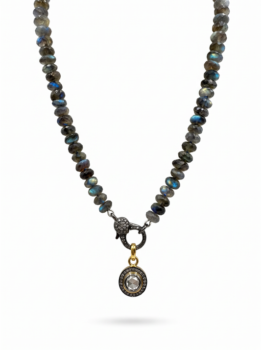 Modern Round Labradorite Necklace with faceted labradorite beads, a pave diamond clasp and a rose cut diamond pendant