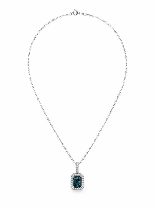 Modern Blue Diamond Necklace - emerald cut blue diamond framed by a halo of white diamonds on a 14K white gold chain