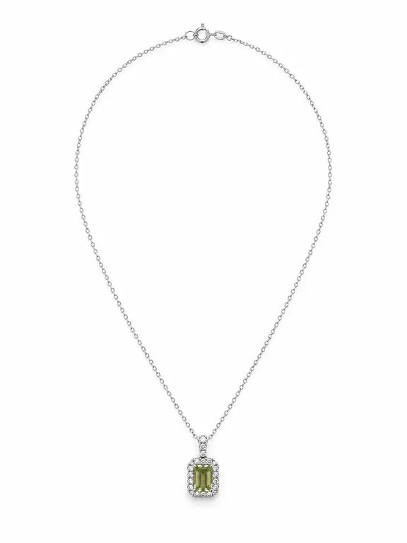 Modern Green Diamond Necklace - emerald cut green diamond framed by a halo of white diamonds on a 14K white gold chain