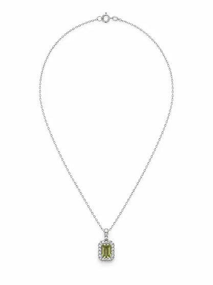 Modern Green Diamond Necklace - emerald cut green diamond framed by a halo of white diamonds on a 14K white gold chain