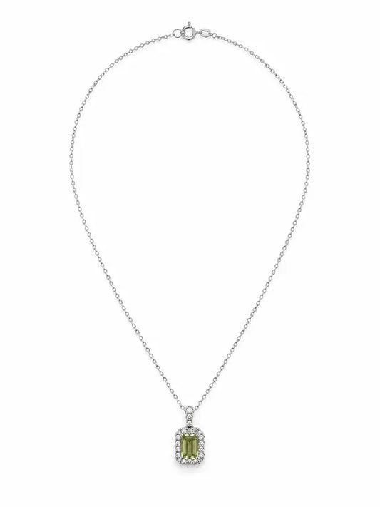 Modern Green Diamond Necklace - emerald cut green diamond framed by a halo of white diamonds on a 14K white gold chain