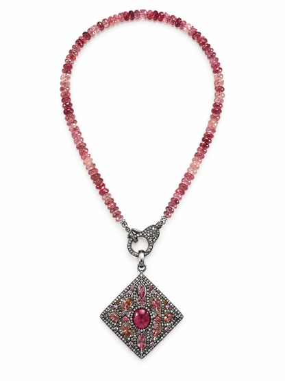 Modern Pink Tourmaline Necklace - faceted pink tourmaline beads in graduated blush to raspberry tones with a pave diamond clasp and a pink tourmaline and diamond pendant
