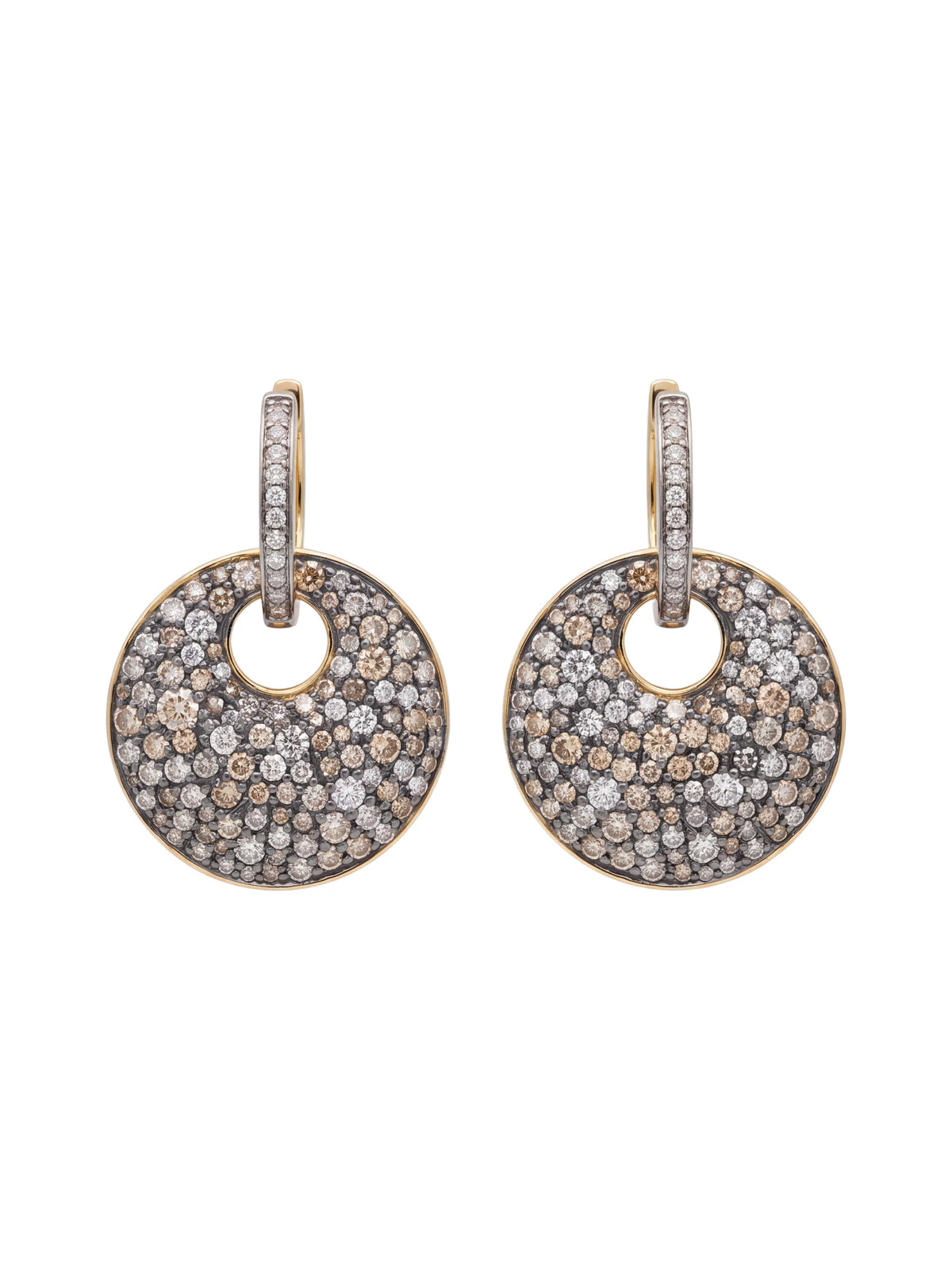 Reserve Eclipse Drop Earrings: diamond disc drops on pavé diamond huggies