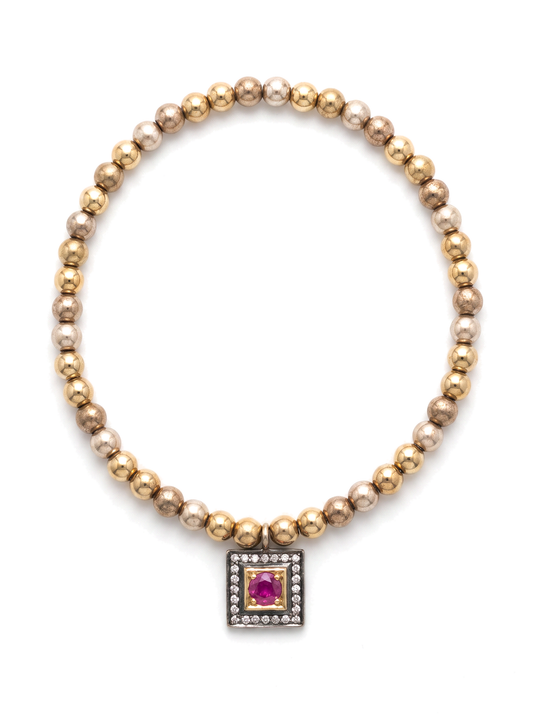 Second Nature Gold Bead Bracelet with Diamond Square Charm