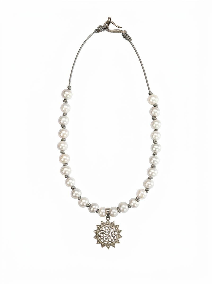 Luminous Diamond Sunburst Pearl Necklace