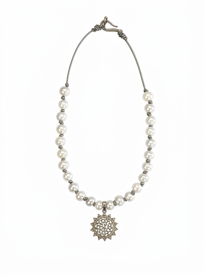 Luminous Diamond Sunburst Pearl Necklace