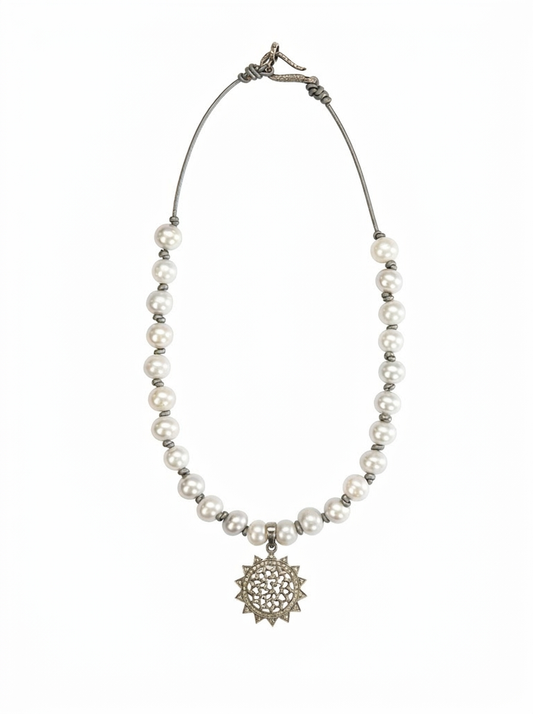 Luminous Diamond Sunburst Pearl Necklace