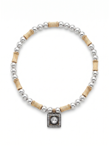Second Nature Silver & Ribbed Gold Bead Bracelet with Diamond Square Charm