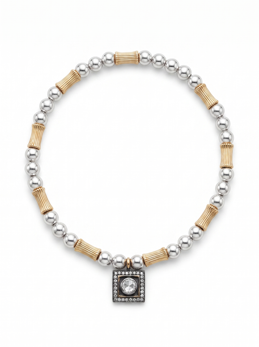 Second Nature Silver & Ribbed Gold Bead Bracelet with Diamond Square Charm