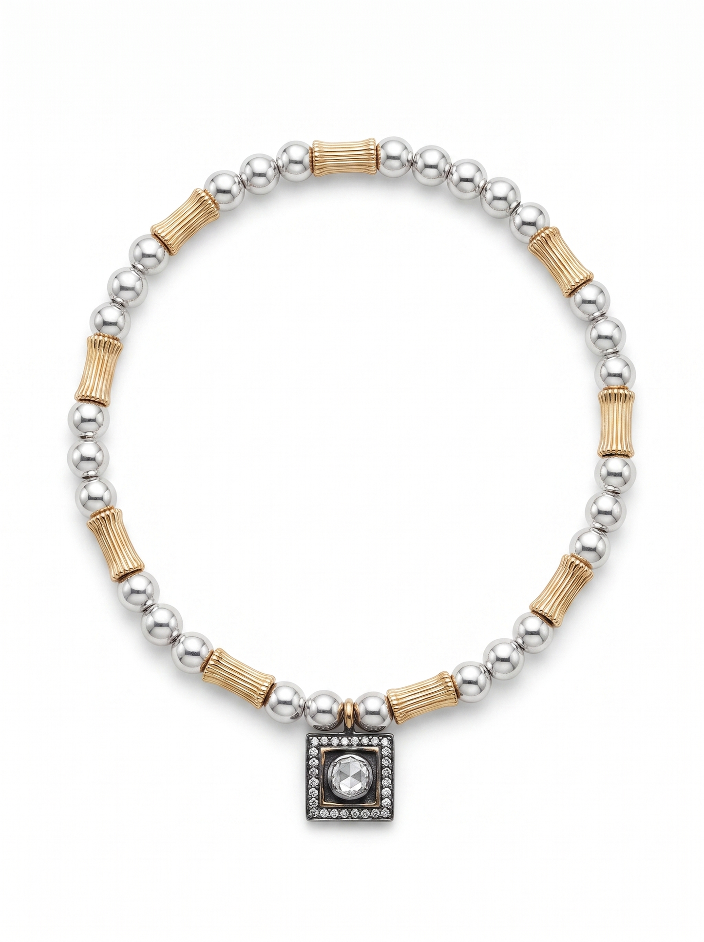 Second Nature Silver & Ribbed Gold Bead Bracelet with Diamond Square Charm